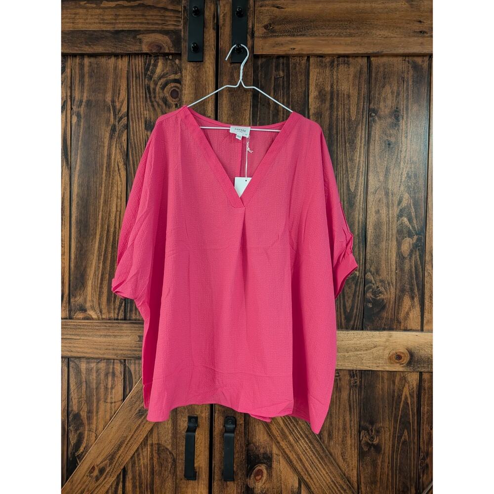 NWT Womens 2x Andree By Unit pink V-neck Short Sleeve blouse